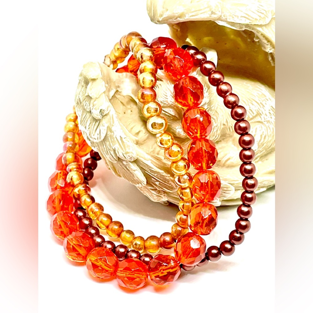 Fall Autumn Orange Glass Brown Faux Pearl 3 Stretch Bracelet Bundle Earth Tones